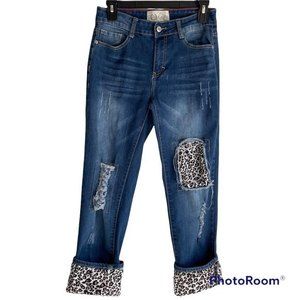 L&B Capris with Animal Print Rolled Cuff Distressed Womens Denim, 6